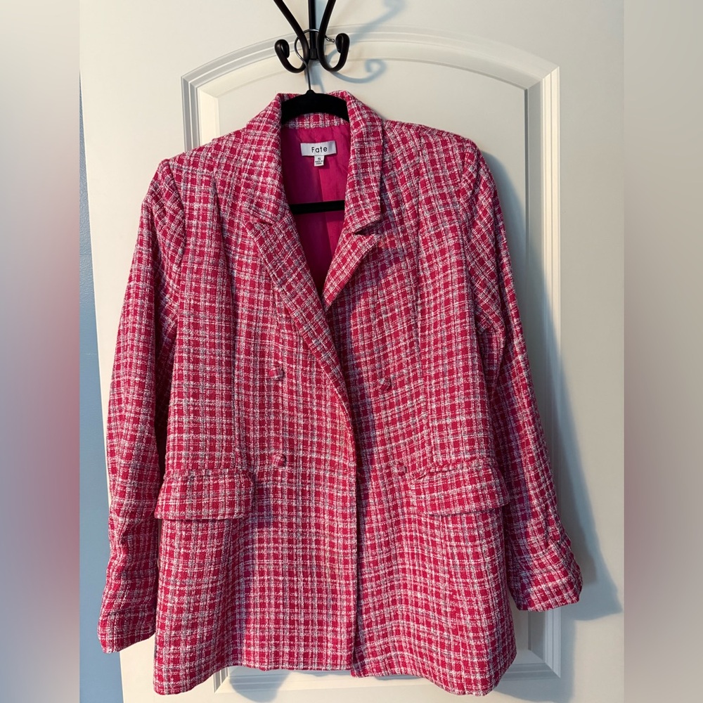 Fate Pink and White Tweed Blazer